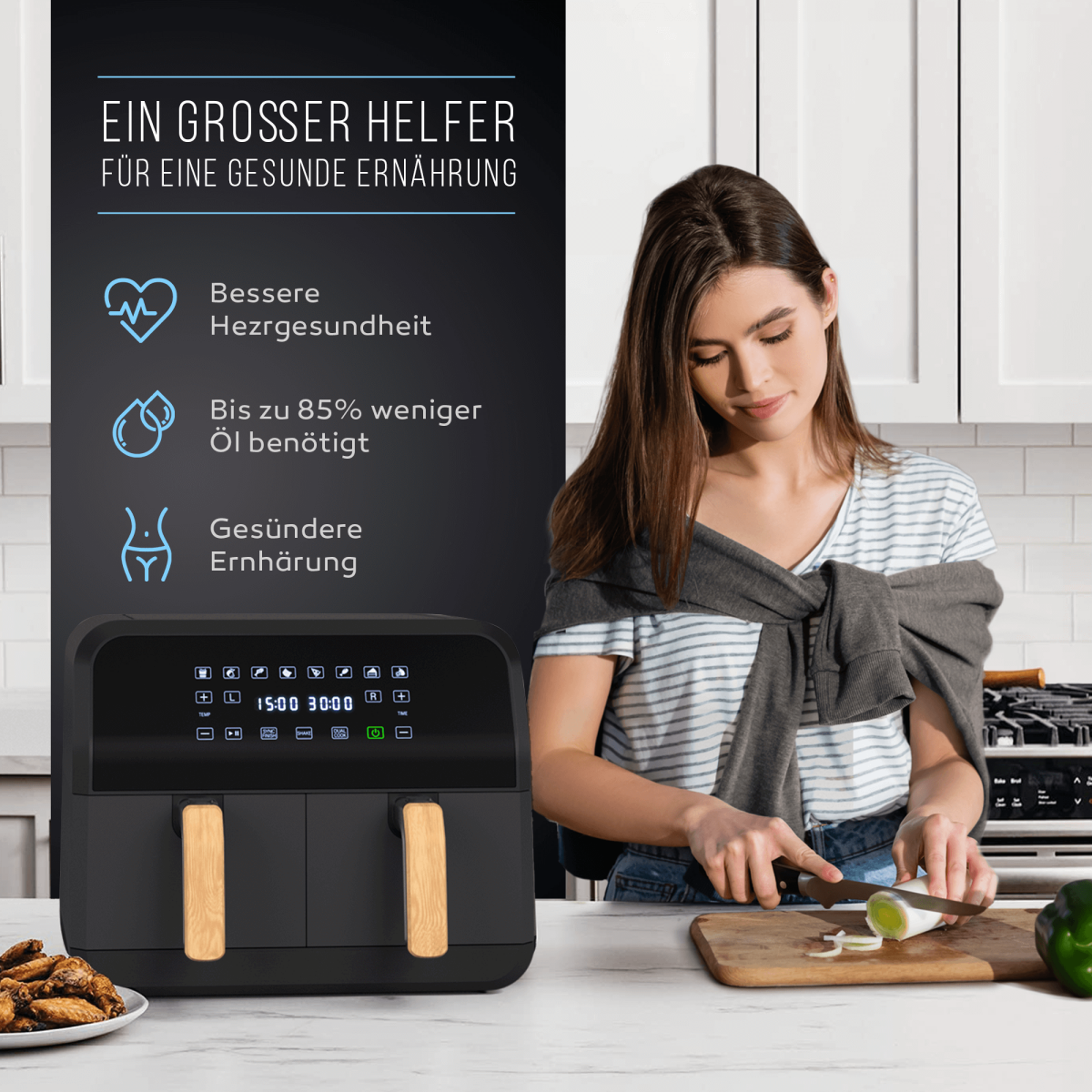 Balter Hei&szlig;luftfritteuse HL-900 Schwarz (8 Liter, Doppelkammer, 8 Programme, LCD)