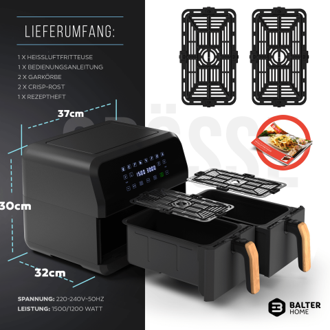 Balter Hei&szlig;luftfritteuse HL-900 Schwarz (8 Liter, Doppelkammer, 8 Programme, LCD)