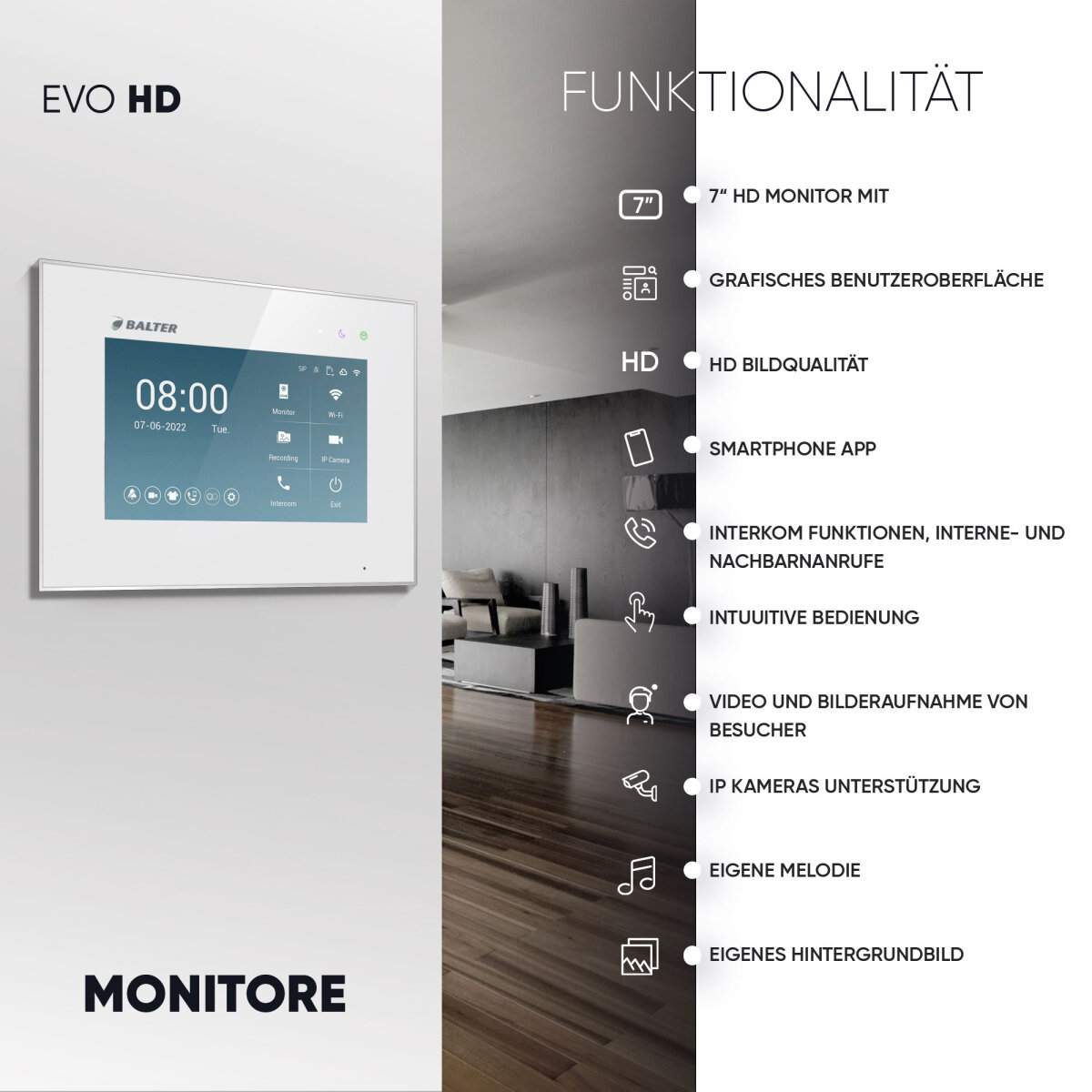 HD Video T&uuml;rsprechanlage mit Smartphone App f&uuml;r 1 Familienhaus, 4x Monitor, Balter EVO HD WLAN
