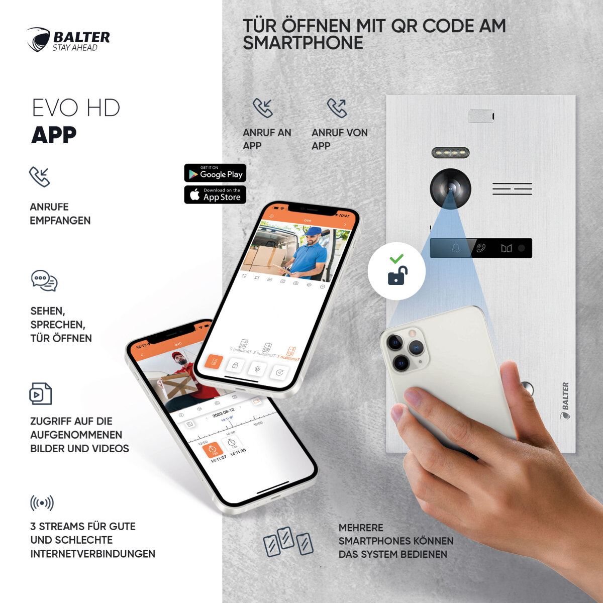 HD Video T&uuml;rsprechanlage mit Smartphone App f&uuml;r 2 Familienhaus, 2x Monitor, Balter EVO HD WLAN