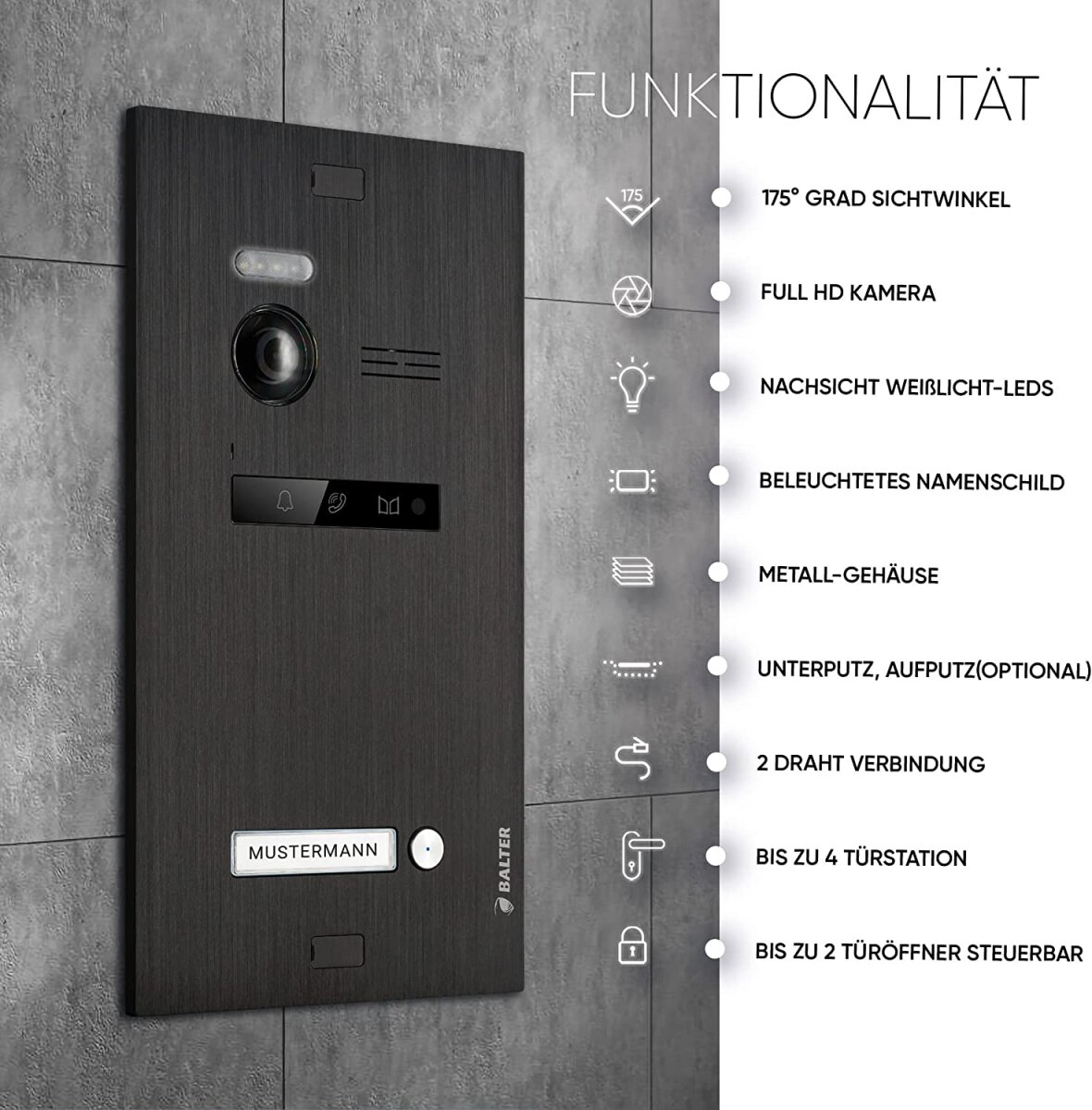 HD Video T&uuml;rsprechanlage f&uuml;r 1 Familienhaus, 4x Monitore, Balter EVO HD Schwarz