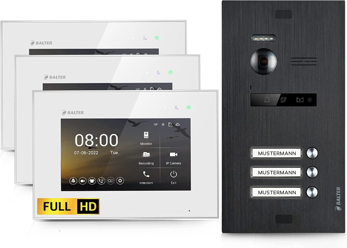 HD Video T&uuml;rsprechanlage f&uuml;r 3 Familienhaus, 3x Monitor, Balter EVO HD Schwarz