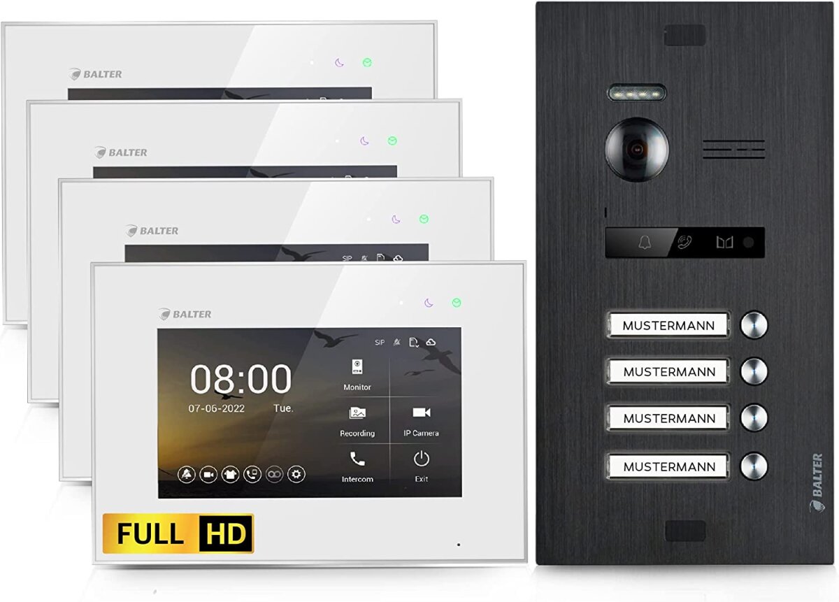 HD Video T&uuml;rsprechanlage f&uuml;r 4 Familienhaus, 4x Monitor, Balter EVO HD Schwarz