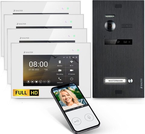 HD Video T&uuml;rsprechanlage mit Smartphone App f&uuml;r 1 Familienhaus, 4x Monitor, Balter EVO HD WLAN Schwarz