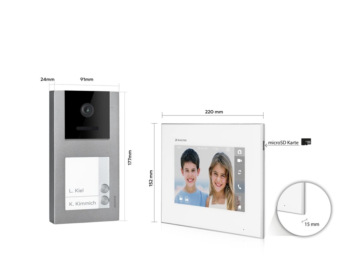 Video T&uuml;rsprechanlage mit Smartphone App f&uuml;r 2 Familienhaus, Aufputz, 2x Monitore, Balter EVO WLAN