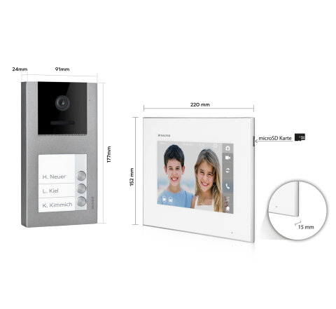 Video T&uuml;rsprechanlage mit Smartphone App f&uuml;r 3 Familienhaus, Aufputz, 3x Monitore, Balter EVO WLAN