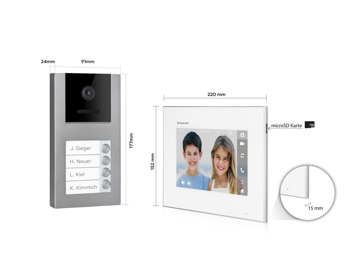 Video T&uuml;rsprechanlage mit Smartphone App f&uuml;r 4 Familienhaus, Aufputz, 4x Monitore, Balter EVO WLAN