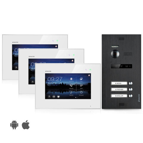 Video T&uuml;rsprechanlage mit Smartphone App f&uuml;r 3 Familienhaus, Schwarz, 3x Monitore, Balter EVO WLAN